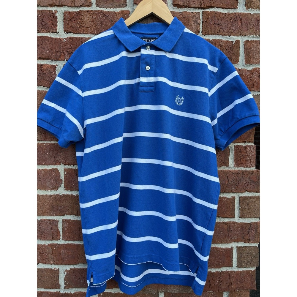 Chaps Polo Shirt Mens L Blue White Striped Stretch Embroidered Logo